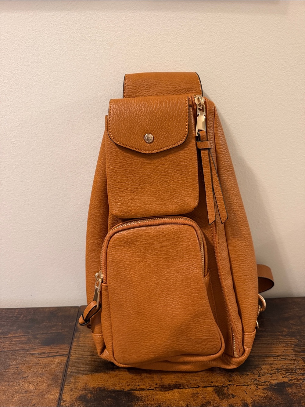 Poppy & Peonies Cognac Leather Sling Backpack with Gold Hardware